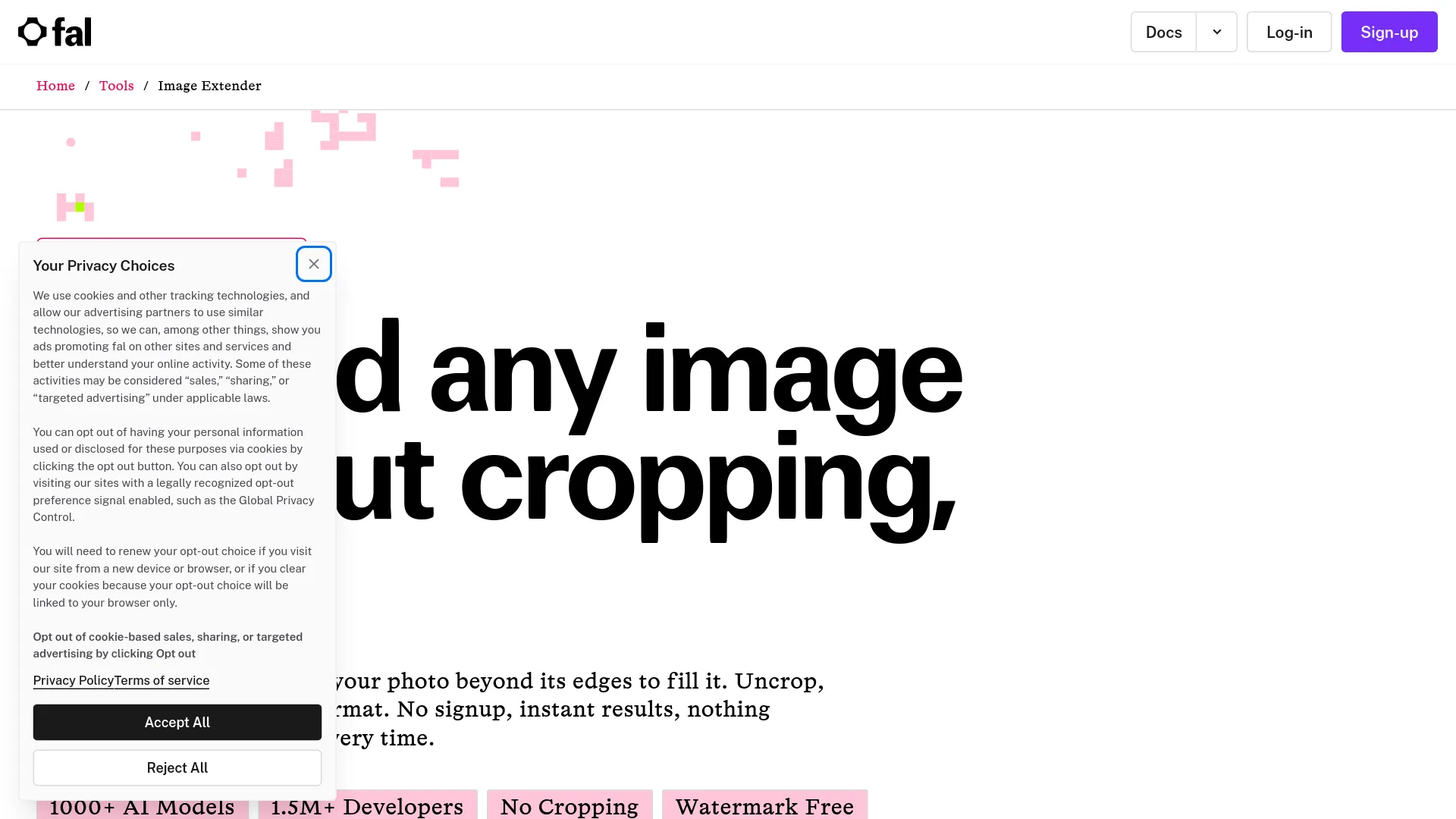 fal.ai AI image extender tool page, free with no sign-up