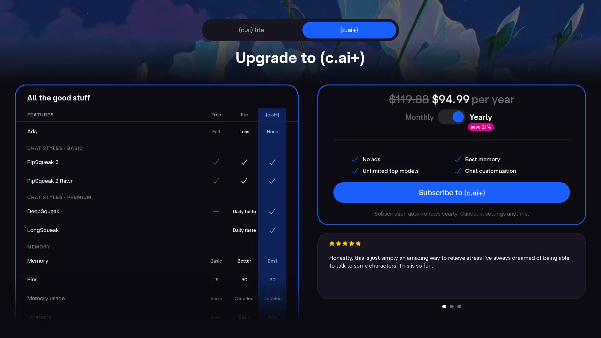 Character.AI c.ai+ subscription pricing page showing monthly and annual plans