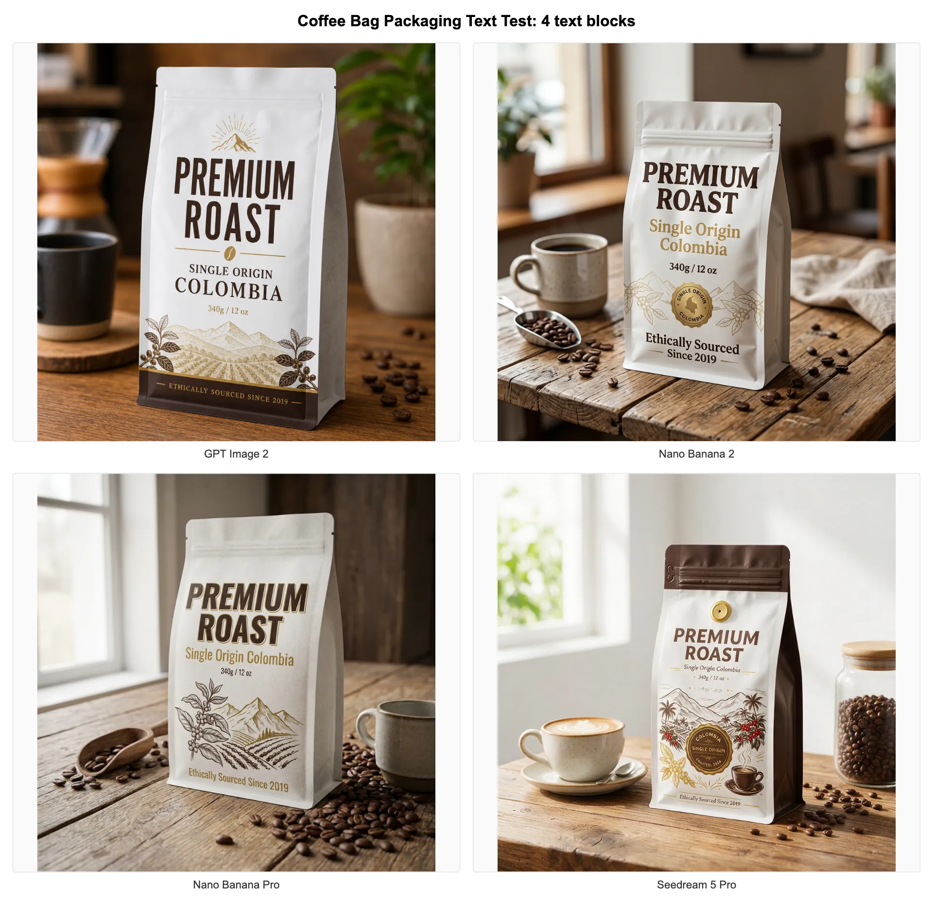 Comparaison du rendu de texte sur un sachet de café entre GPT Image 2, Nano Banana 2, Nano Banana Pro et Seedream 5 Pro