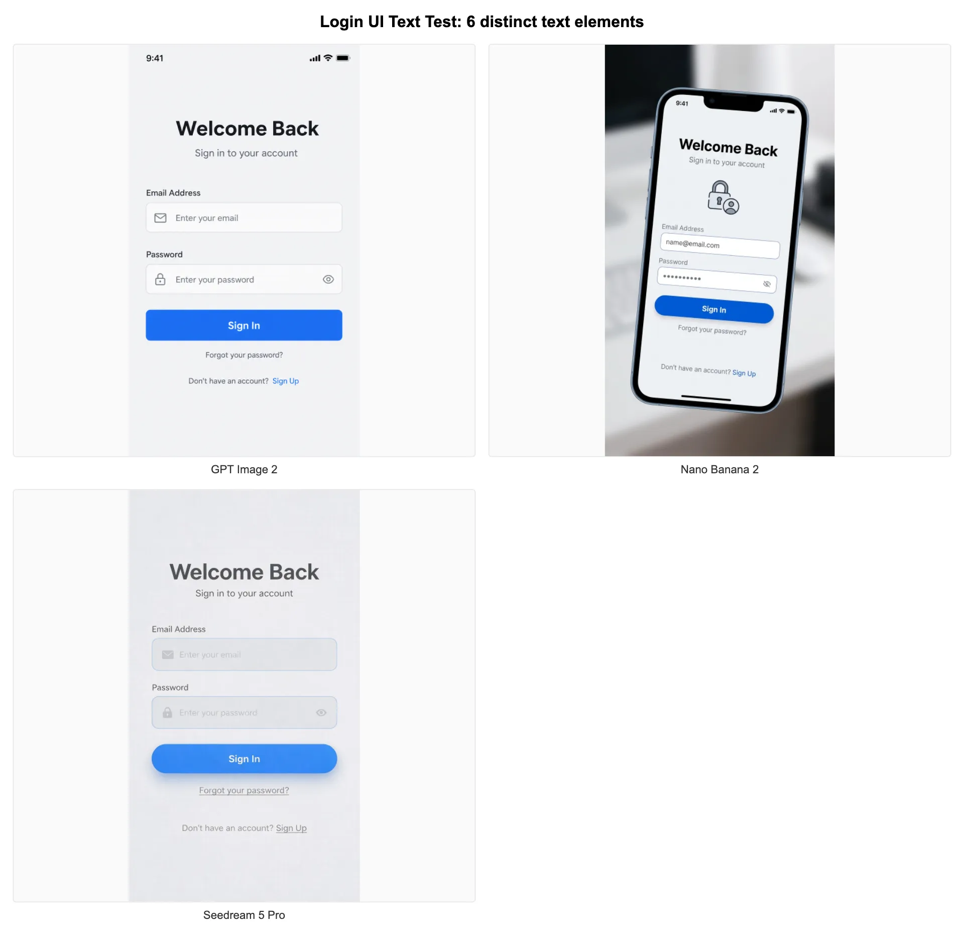 Comparaison du rendu de texte d’une interface de connexion entre GPT Image 2, Nano Banana 2 et Seedream 5 Pro