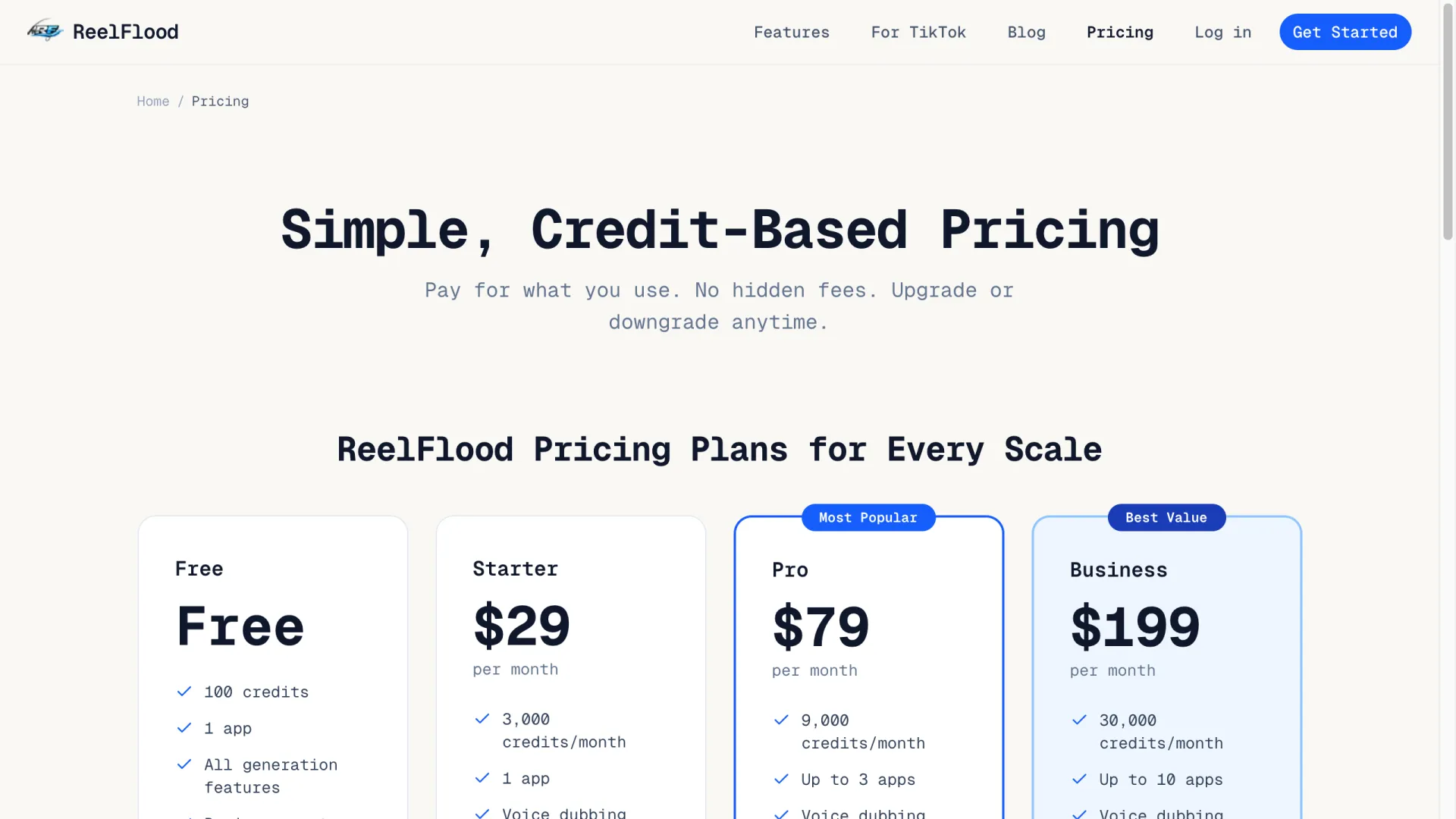 ReelFlood pricing page showing the Free, Starter, Pro, and Business credit plans