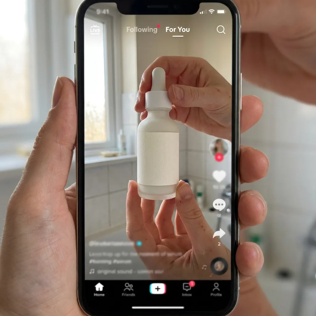 Synthetic UGC reference frame with a blank-label serum bottle held in a phone-style social video composition