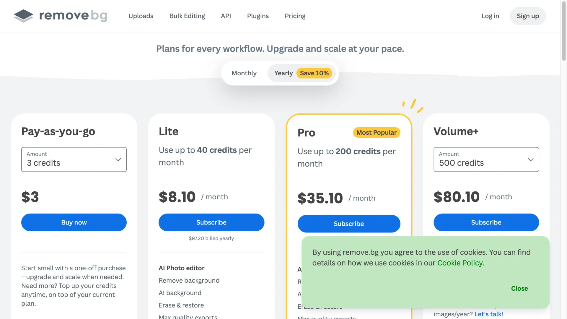 remove.bg pricing page showing pay-as-you-go, Lite, Pro and Volume+ plans