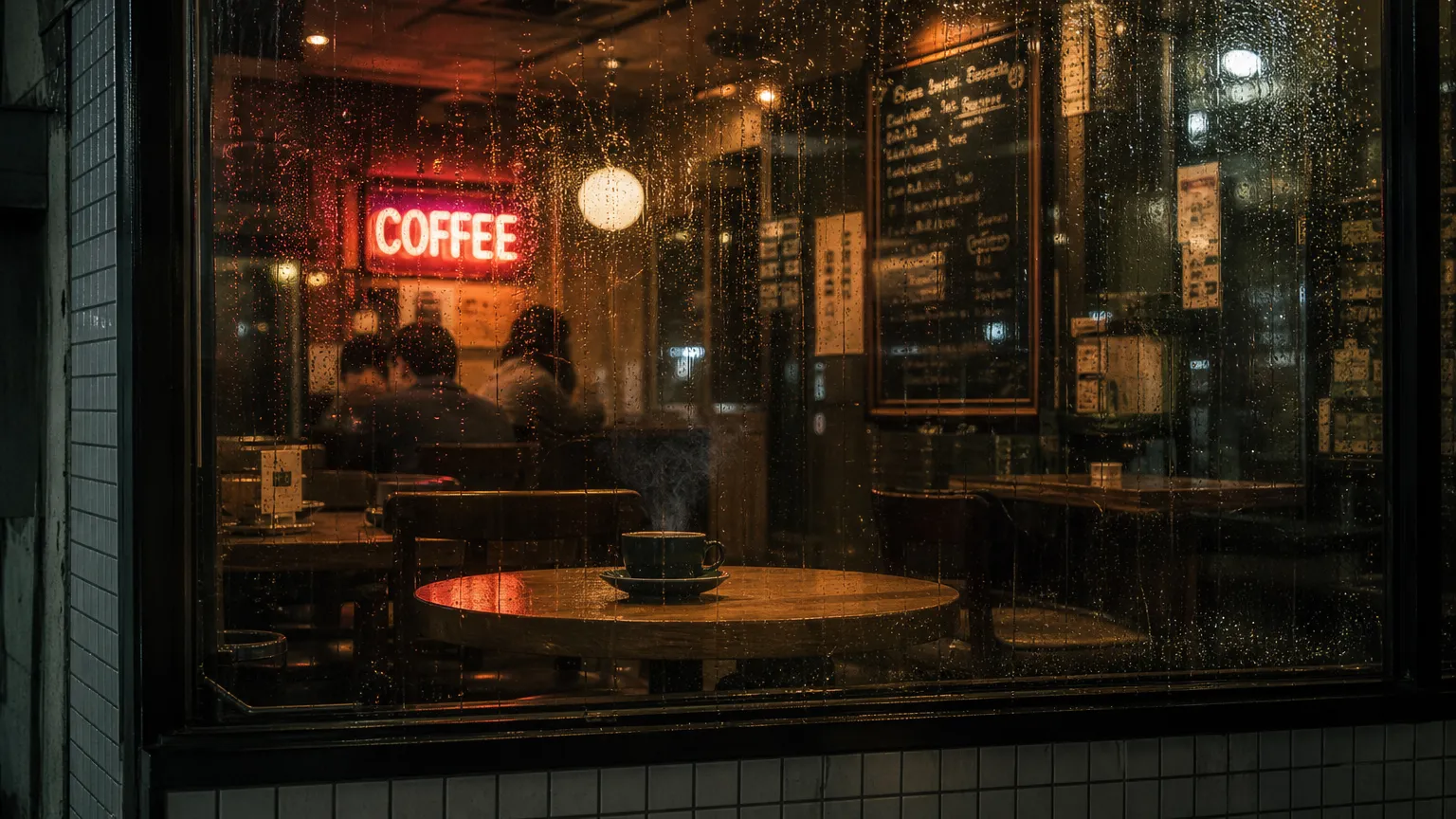 GPT Image 2 測試：雨夜東京咖啡廳，窗上有雨滴與 COFFEE 霓虹招牌