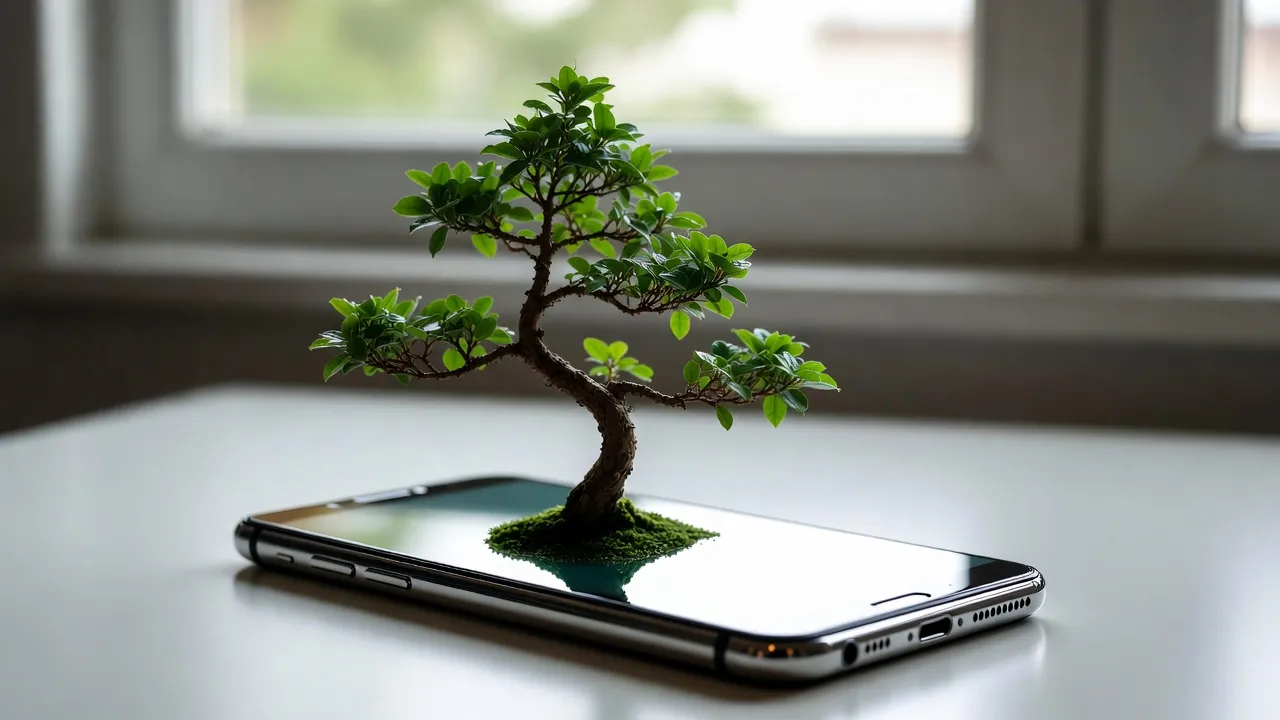 Un pequeño bonsái creciendo desde la pantalla de un smartphone sobre un escritorio iluminado por el sol, como representación de un modelo de IA de 27B reducido para caber en un teléfono