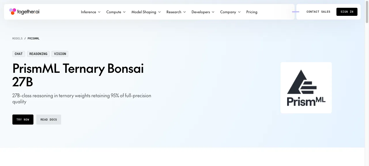 Página del modelo PrismML Ternary Bonsai 27B en Together.ai, con las etiquetas CHAT, REASONING y VISION, y la afirmación de una calidad del 95%