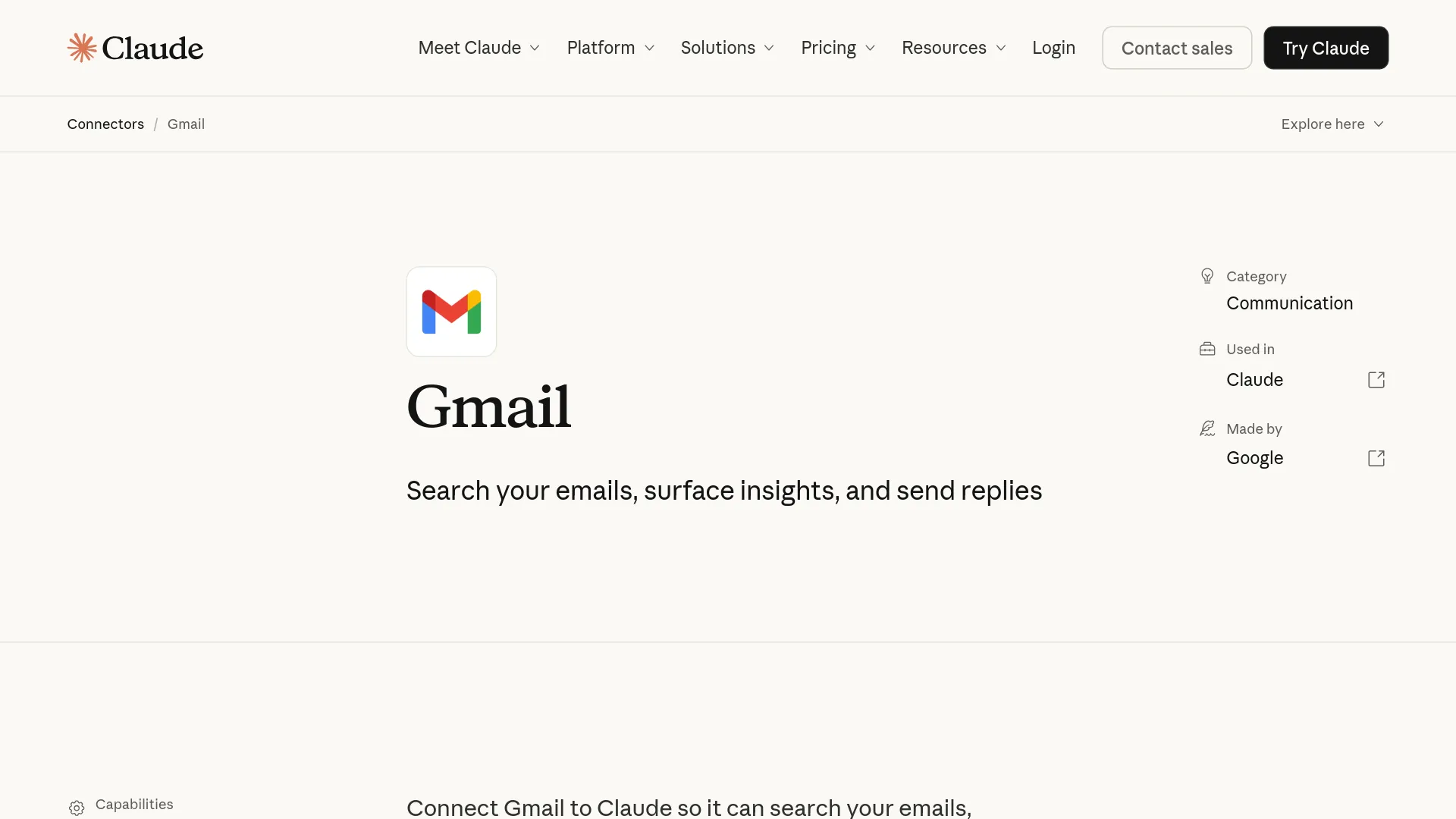 読み書き機能を示すClaude Gmailコネクタのプロダクトページ