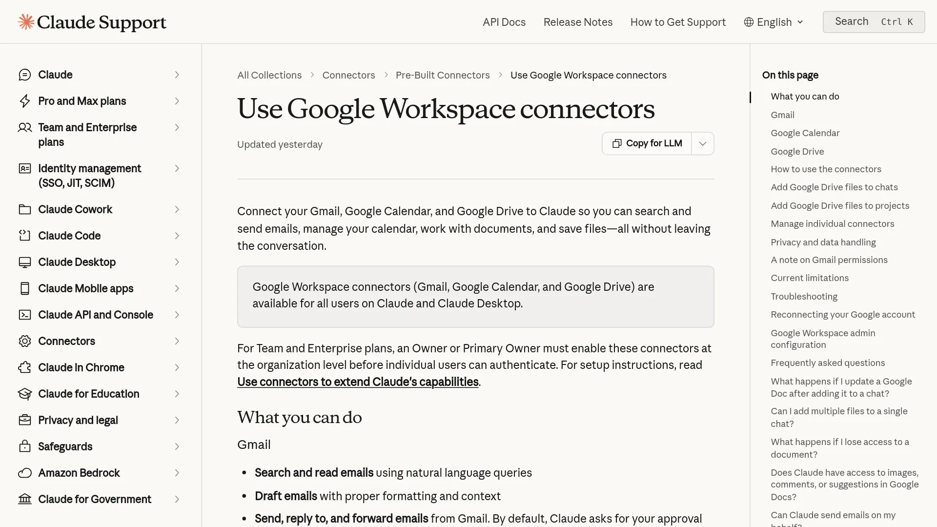 Google Workspaceコネクタに関するClaudeヘルプセンターの記事