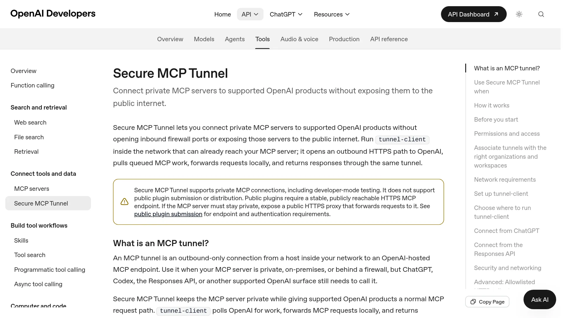 Documentazione OpenAI Secure MCP Tunnel con il modello di connessione a un server privato