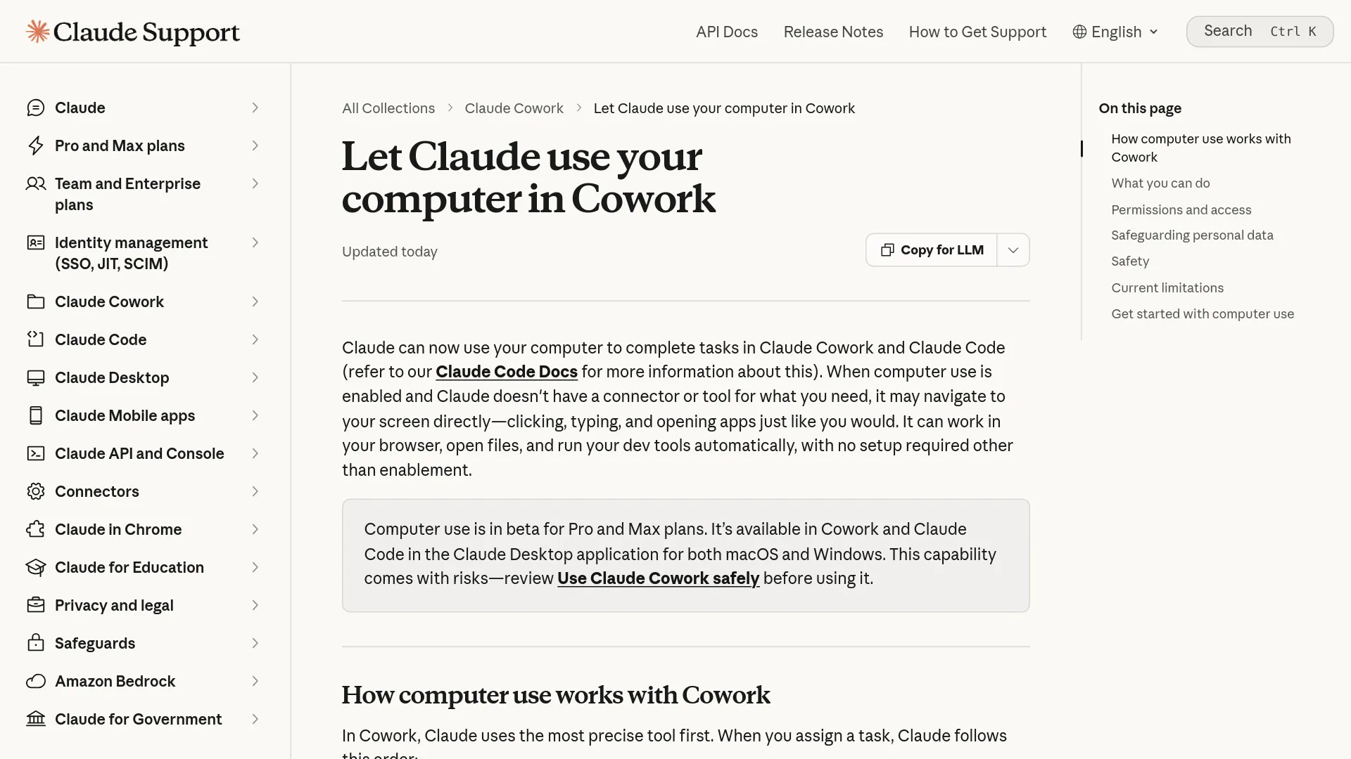 Configuración de permisos para el control del ordenador de Claude Cowork en la documentación oficial de ayuda