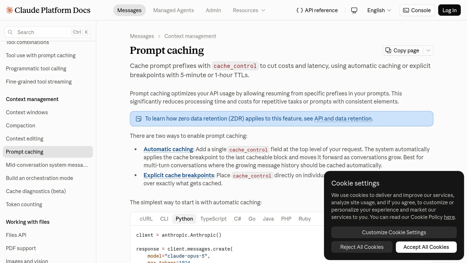 Anthropic-Dokumentation zum Prompt-Caching für Fable 5.1
