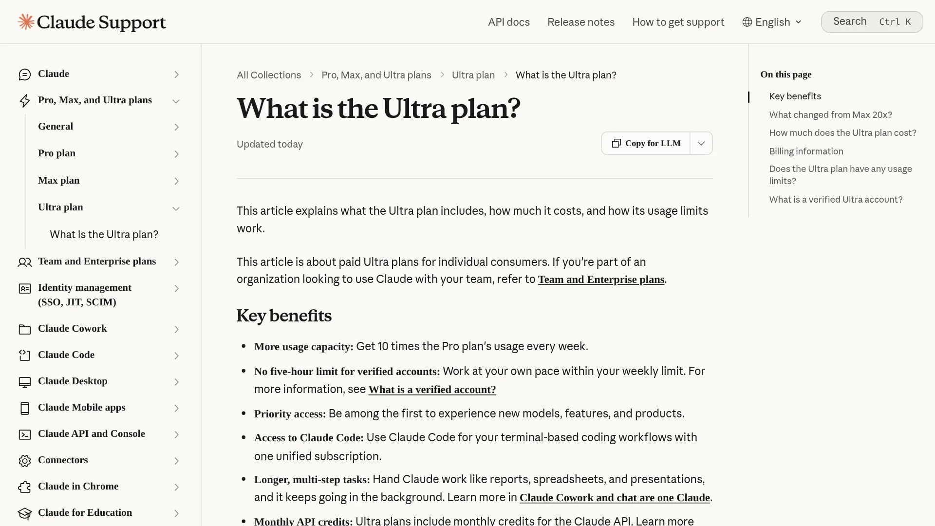 Claude Ultra plan help center showing verification and no 5-hour limit rule