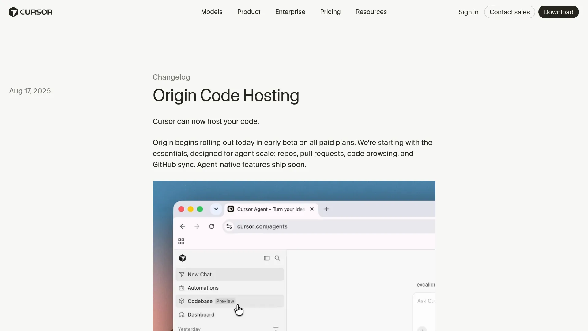 Cursor Origin 更新日誌公告頁面