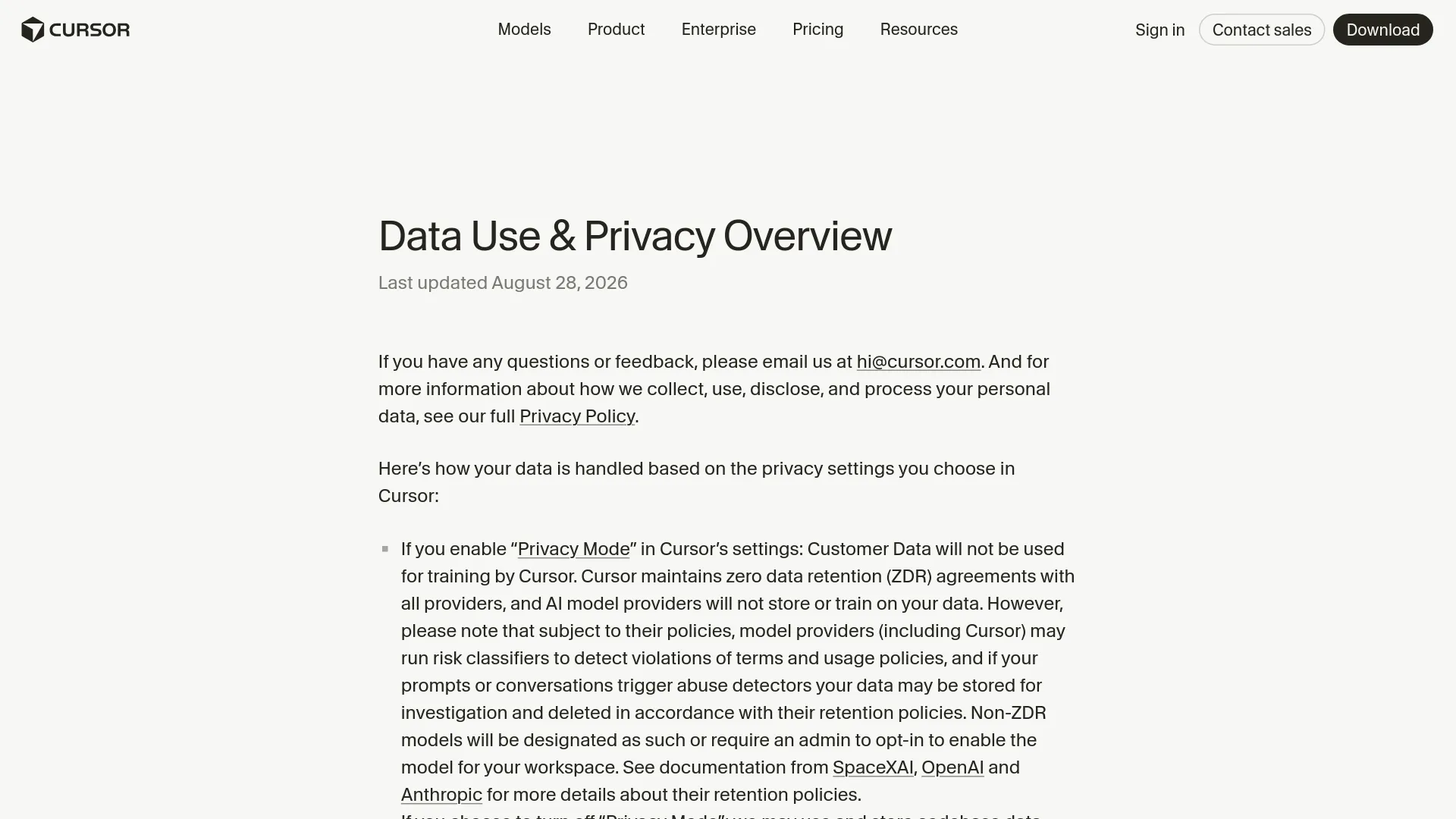La pagina Data Use di Cursor mostra Privacy Mode e i termini di conservazione dei provider
