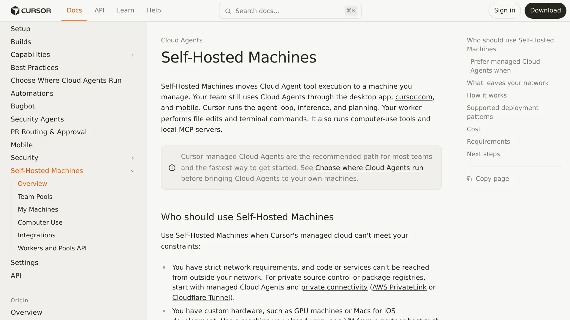 La documentazione di Cursor Self-Hosted Machines mostra il confine dell’esecuzione