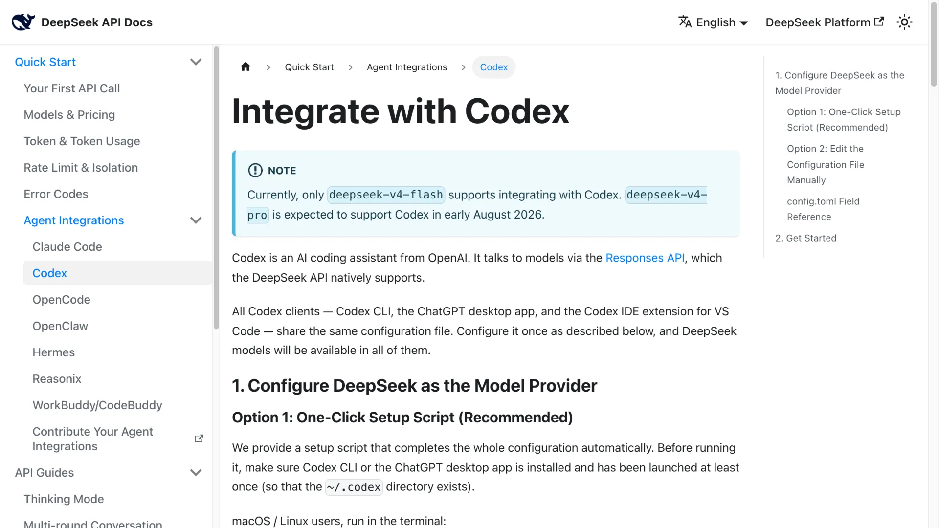 Page de documentation officielle de DeepSeek consacrée à l’intégration des modèles DeepSeek avec OpenAI Codex