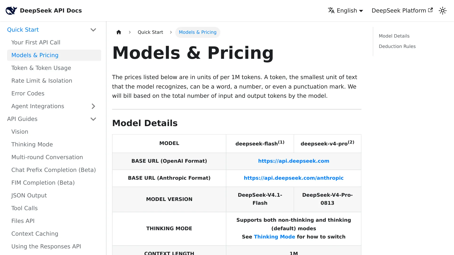 DeepSeek official API pricing page showing V4.1 Flash rates