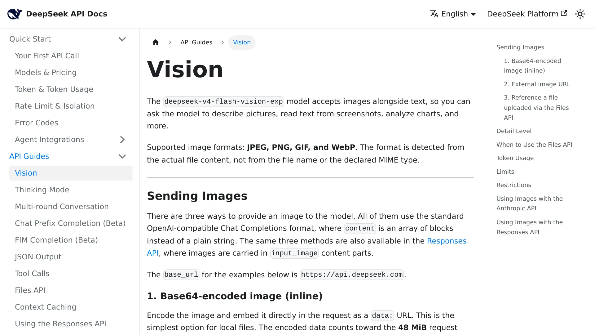 Guide de l’API Vision de DeepSeek montrant la documentation officielle sur les entrées d’images