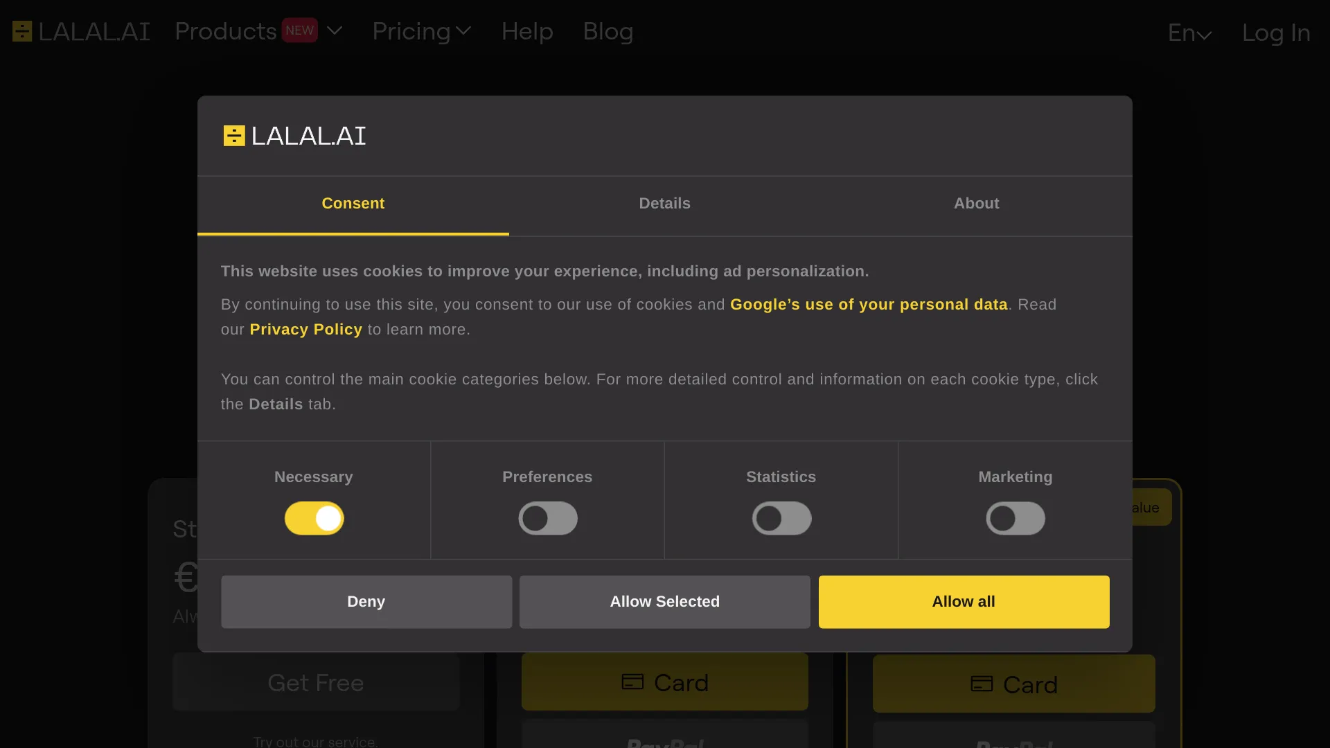 LALAL.AI pricing page showing Starter, Lite and Pro plan columns