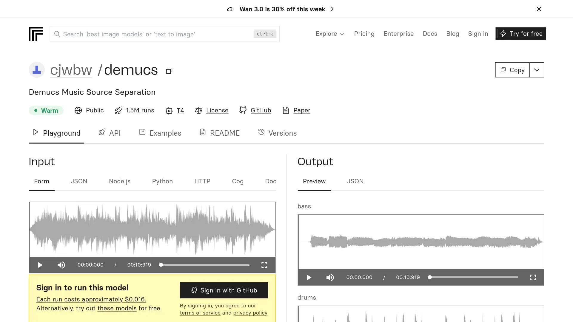 Replicate model page for cjwbw/demucs showing the input form, hardware and run count