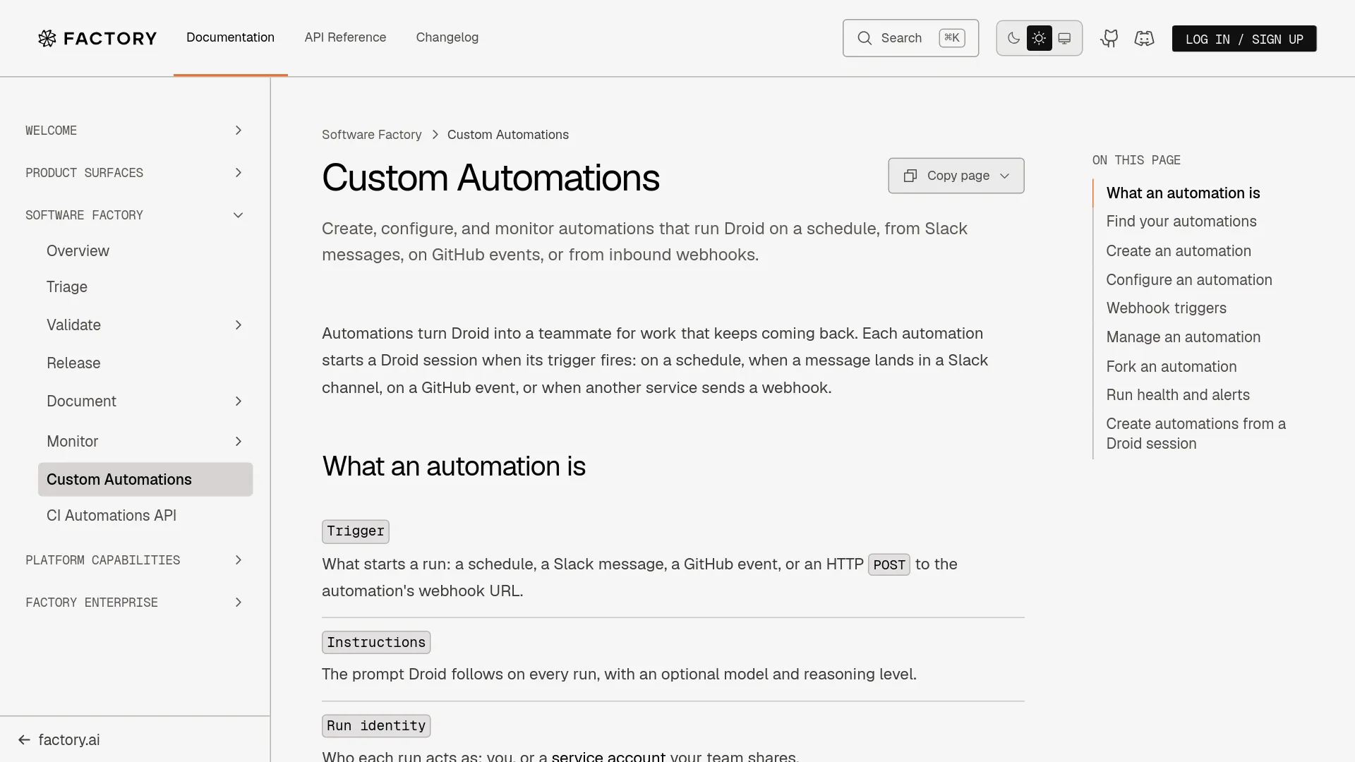 Factory Automations documentation showing trigger types and setup options