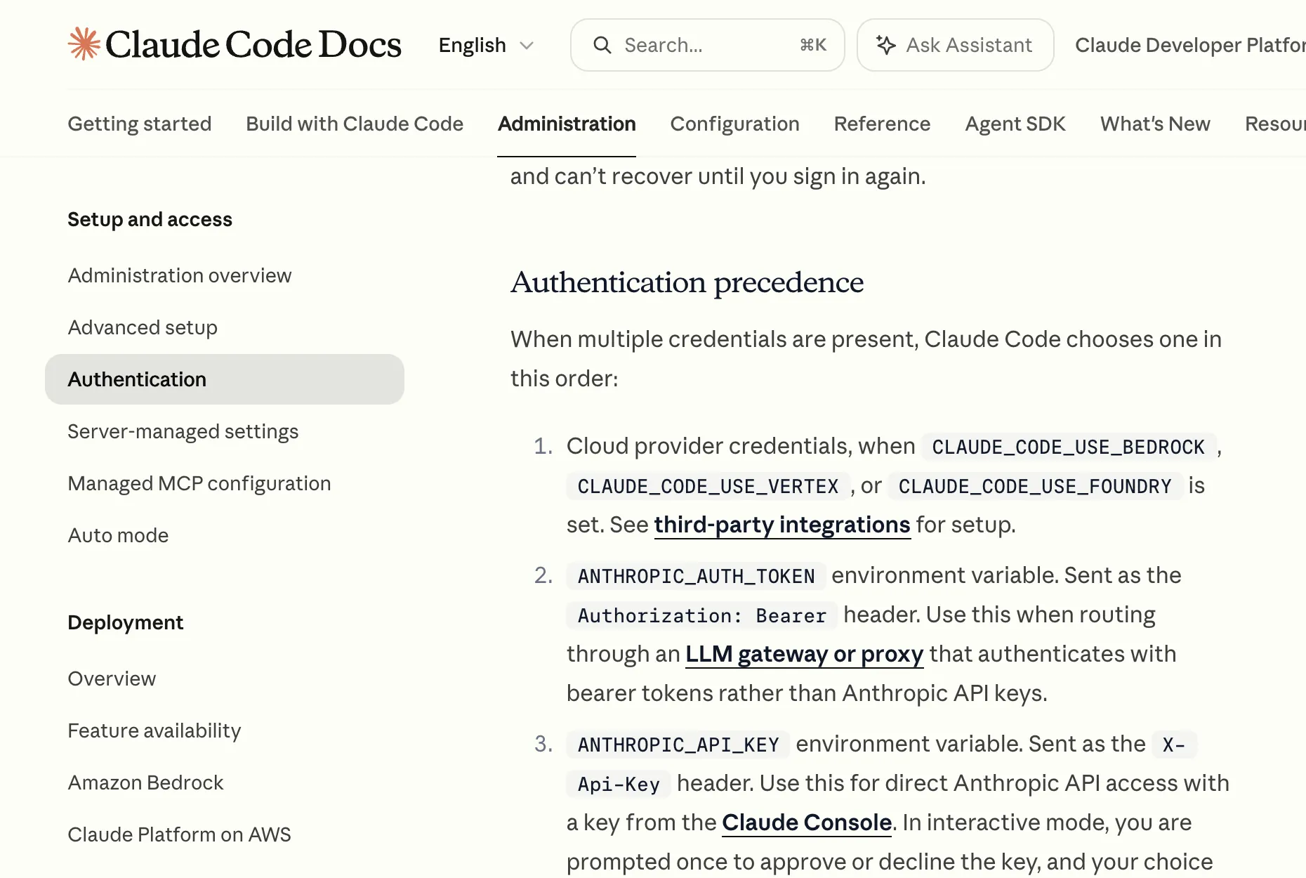 Claude Code documentation listing the authentication precedence order and the header each credential uses