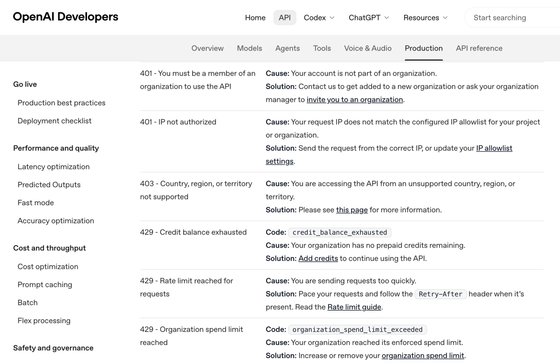 OpenAI error codes reference showing 401 IP not authorized above 403 Country region or territory not supported