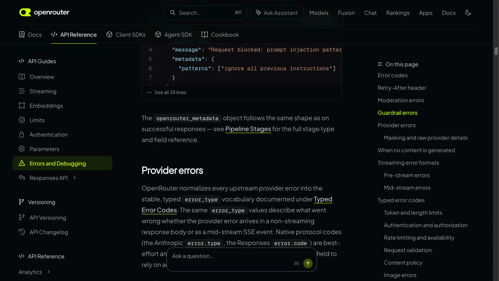 OpenRouter documentation showing provider error metadata and typed error fields