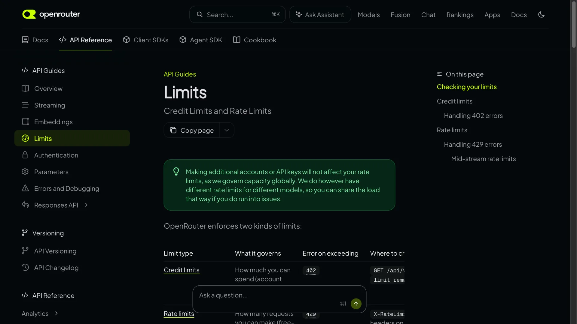 OpenRouter rate-limit documentation with current free-model quotas