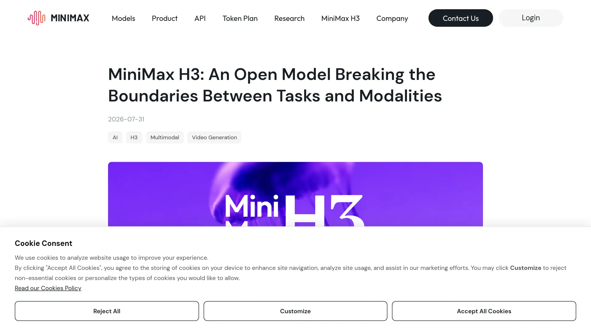MiniMax H3 official announcement page showing 2K video with native stereo sound capabilities