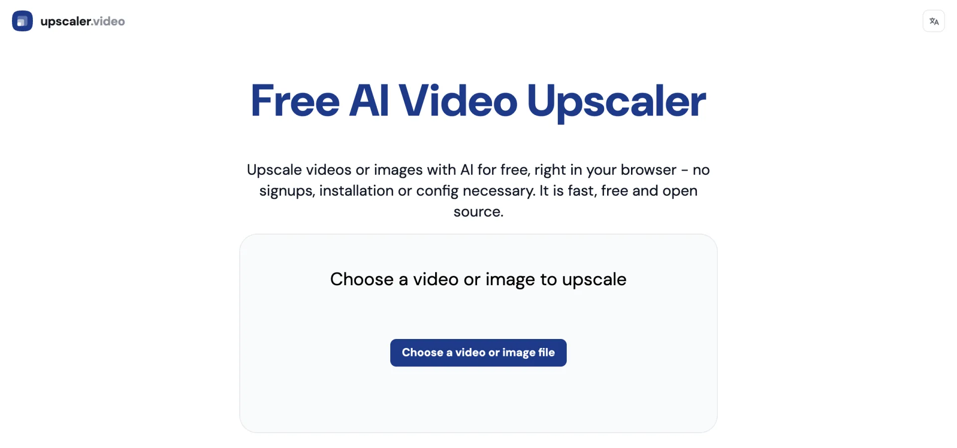 Page d’accueil de free.upscaler.video avec le sélecteur de fichiers et sans inscription requise