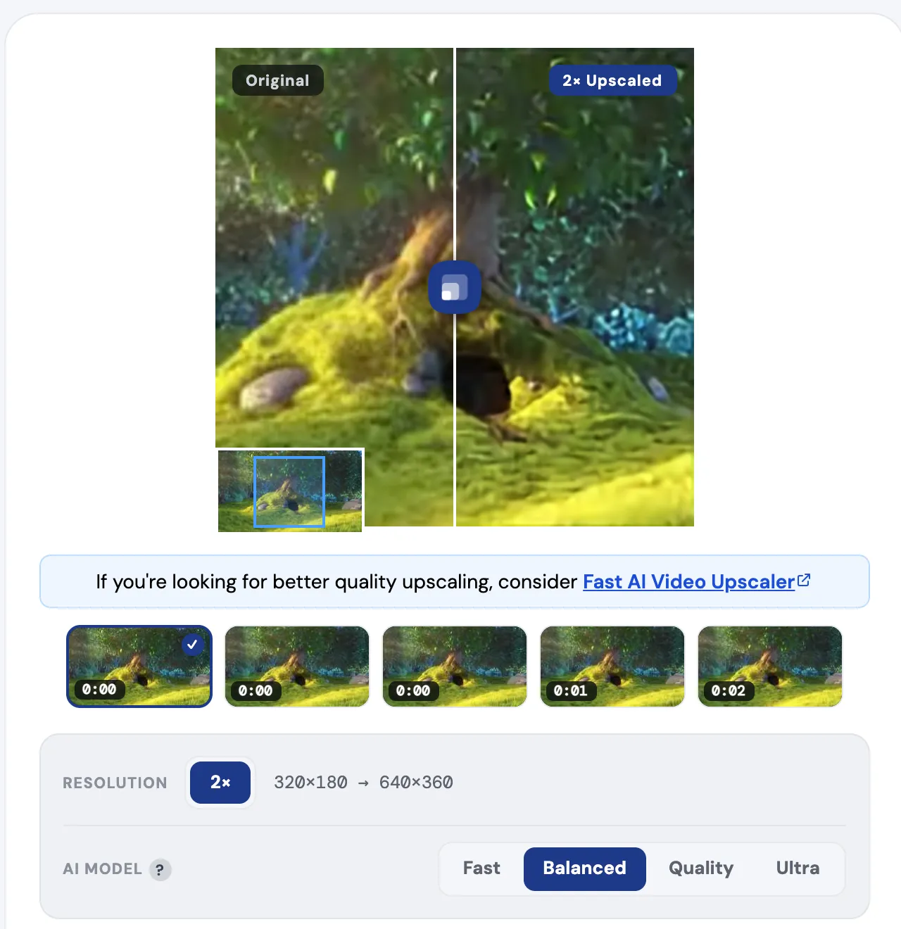 Aperçu en direct de free.upscaler.video comparant les images d’origine et agrandies 2×, avec les options de résolution et de modèle IA