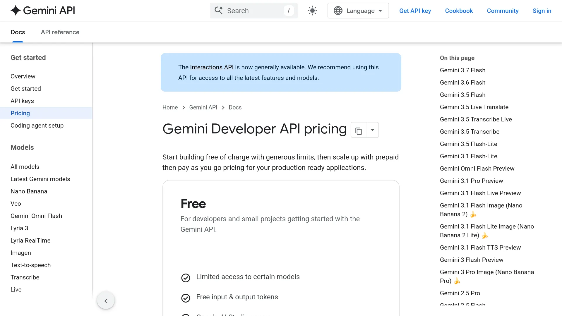Google Gemini API pricing page showing model pricing information