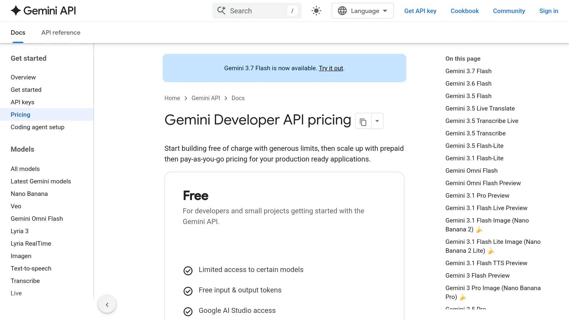 Google Gemini API pricing page showing the transcription price rows