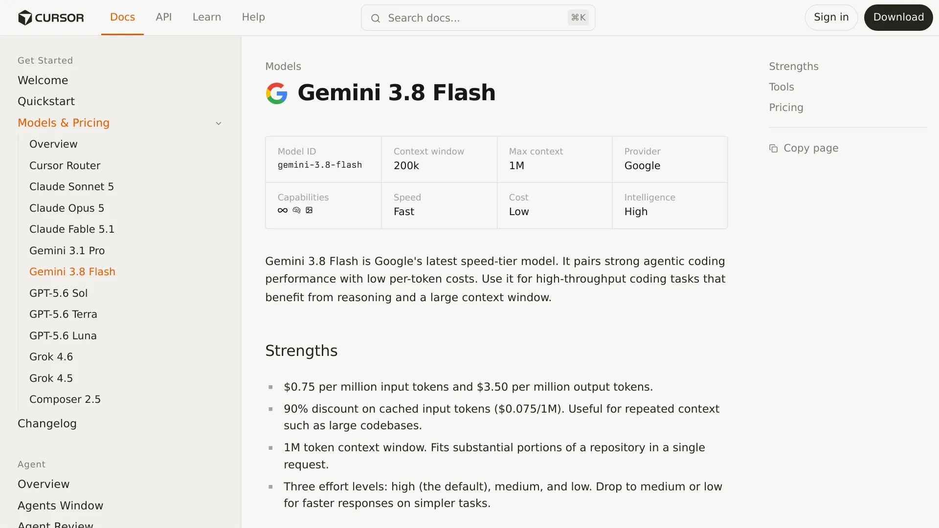 Documentazione del modello Gemini 3.8 Flash in Cursor