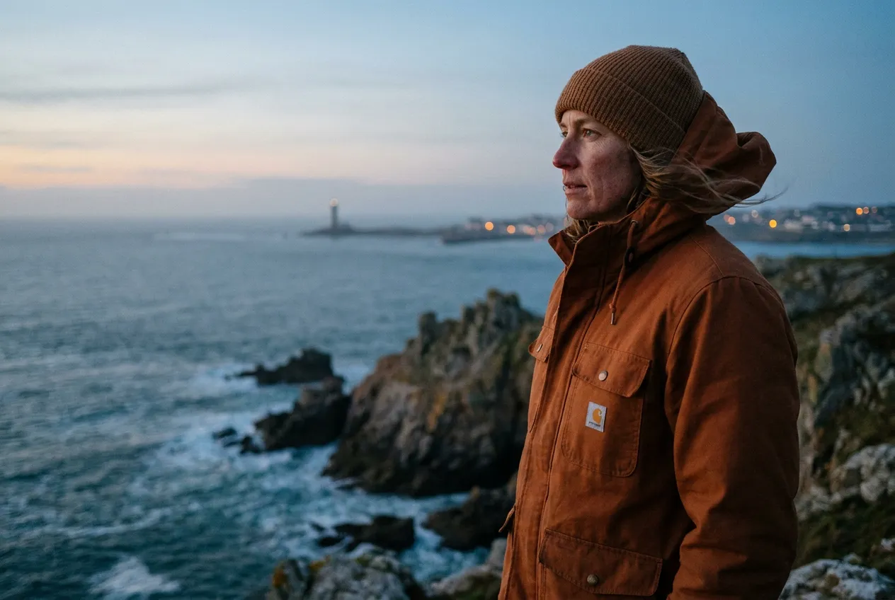 Portrait de voyage cinématographique à l’heure bleue, avec le sujet placé dans le tiers droit