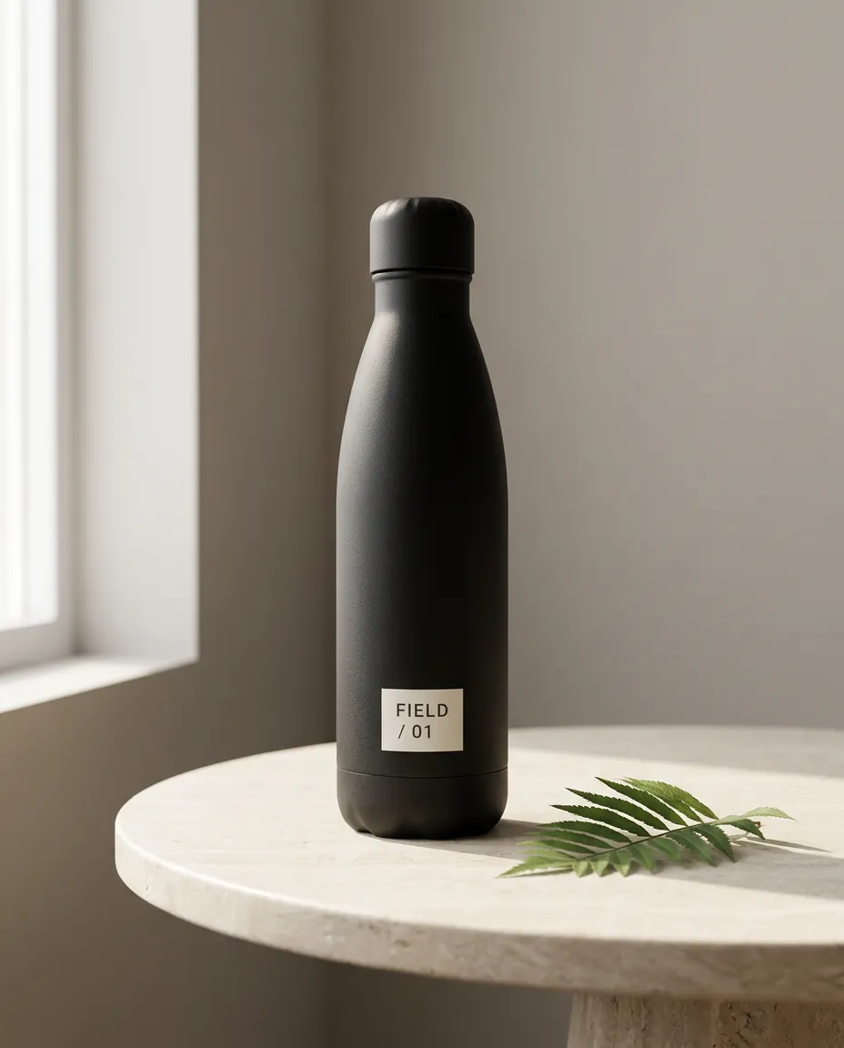 Bouteille noire mate photoréaliste avec l’étiquette FIELD / 01 demandée