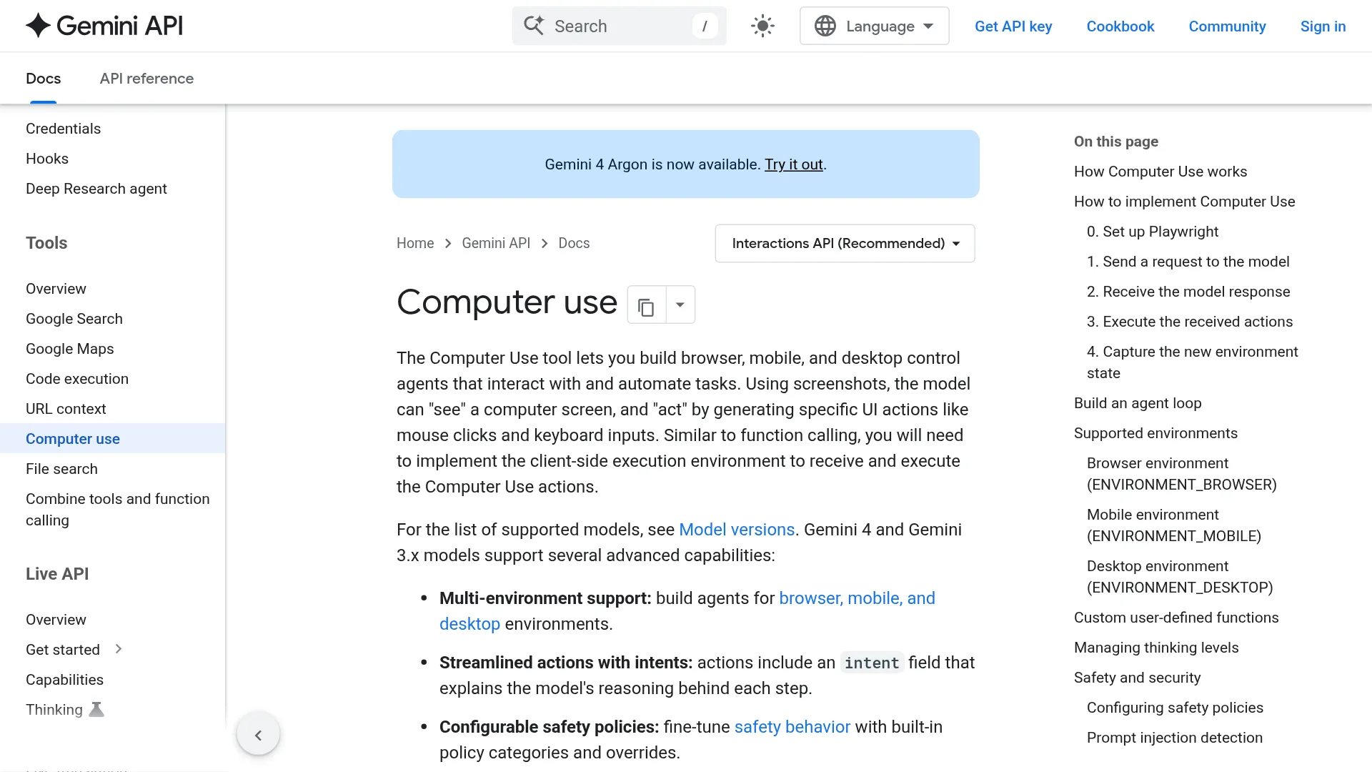 Gemini Computer Use official API documentation overview