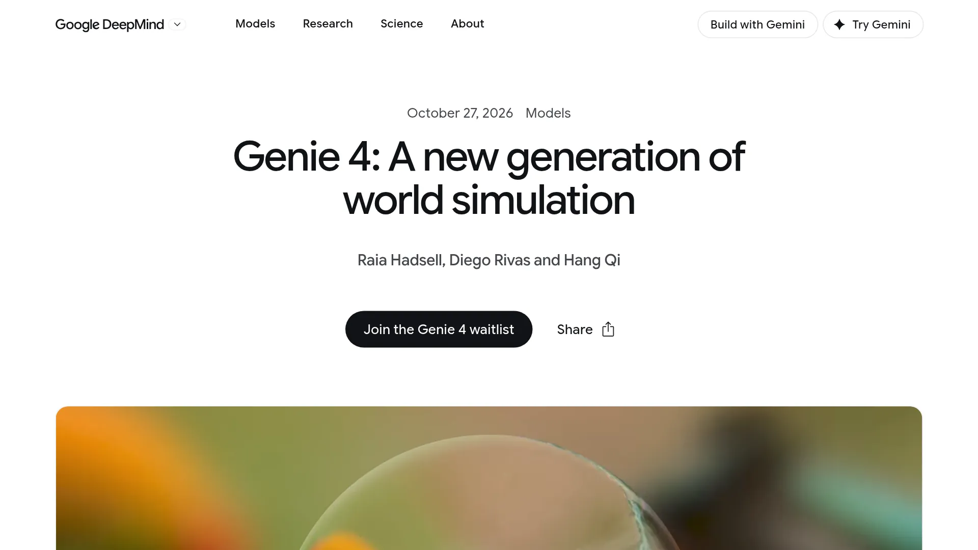 Genie 4 official DeepMind announcement page showing the research preview