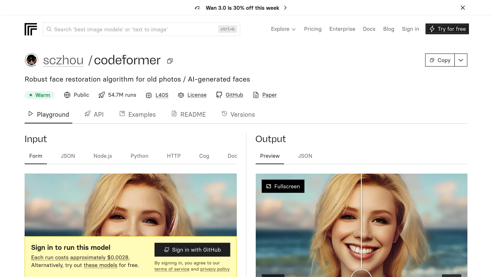 CodeFormer-Modellseite auf Replicate
