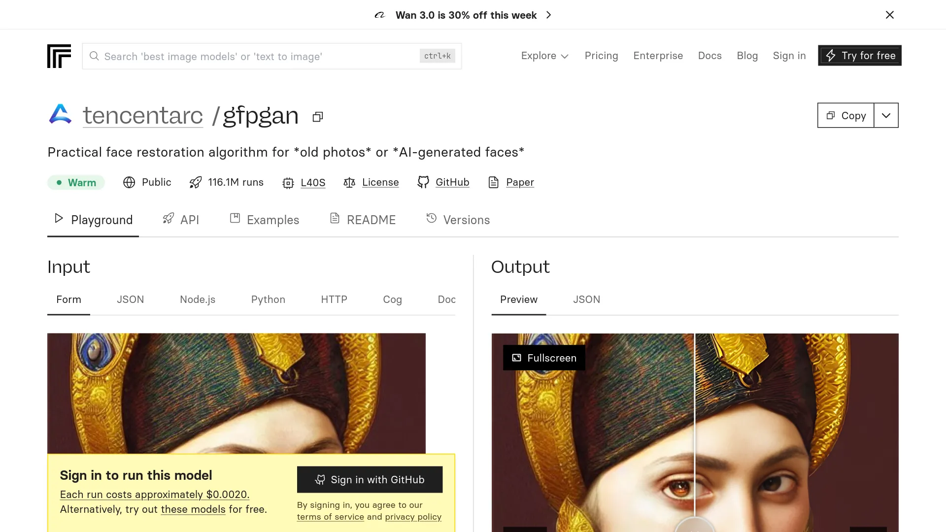 GFPGAN-Modellseite auf Replicate