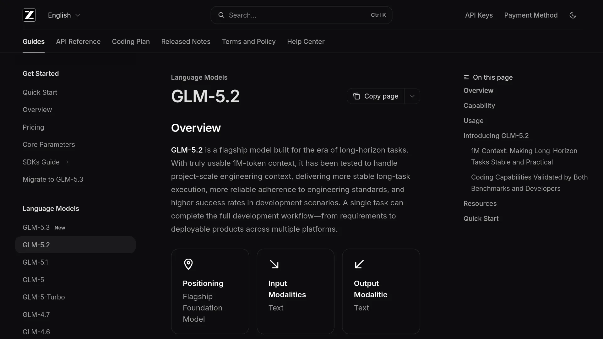 Fonctionnalités documentées de GLM-5.2 sur la page officielle de documentation Z.ai