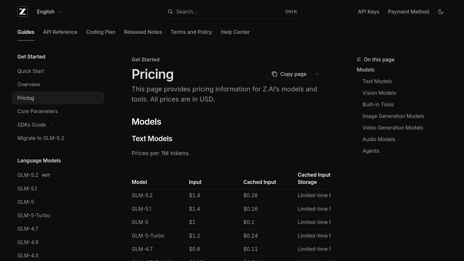 Grille tarifaire de Z.ai indiquant les tarifs des tokens de GLM-5.2