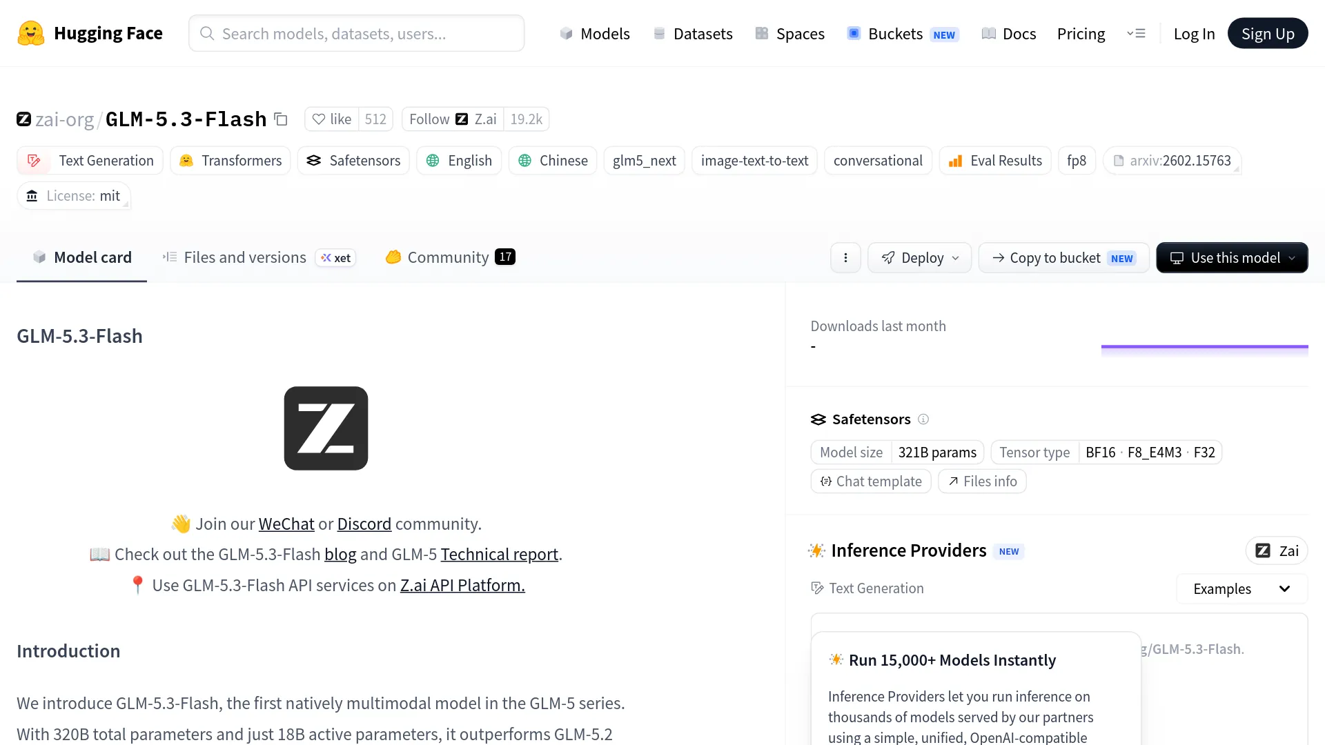 Fiche officielle de GLM-5.3-Flash présentant le nouveau checkpoint et les informations de déploiement