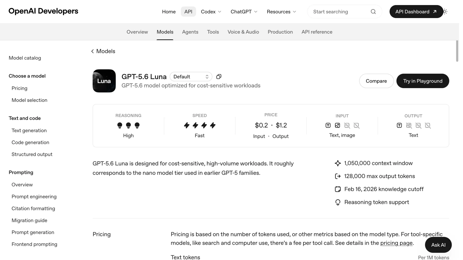 Page officielle de GPT-5.6 Luna avec tarifs et fenêtre de contexte