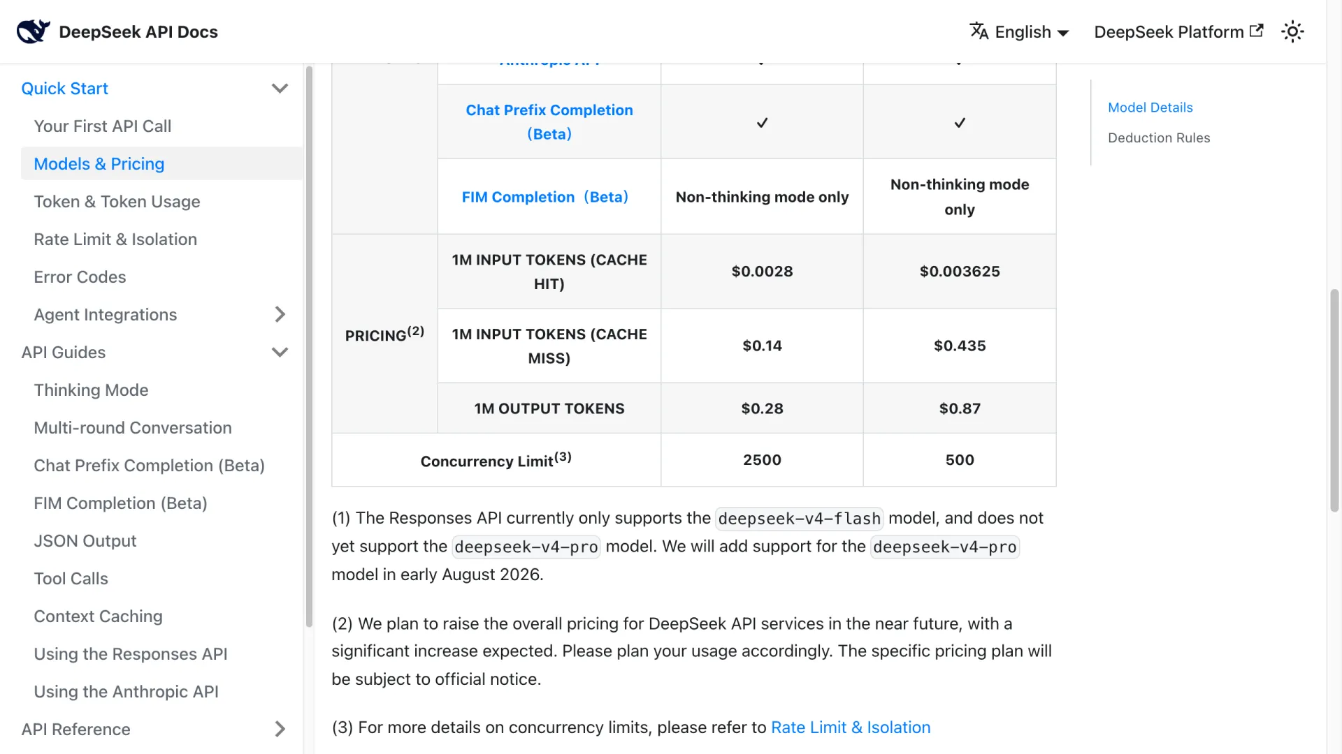 Tableau tarifaire officiel de DeepSeek V4 Pro avec la note annonçant une hausse de prix