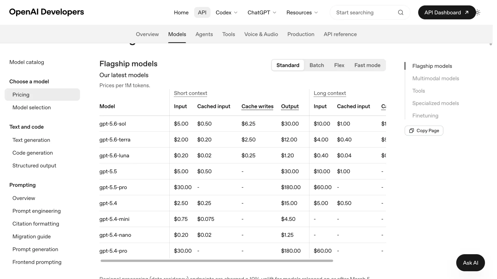 OpenAI API pricing table showing gpt-5.6-sol, gpt-5.6-terra and gpt-5.6-luna rates per 1M tokens