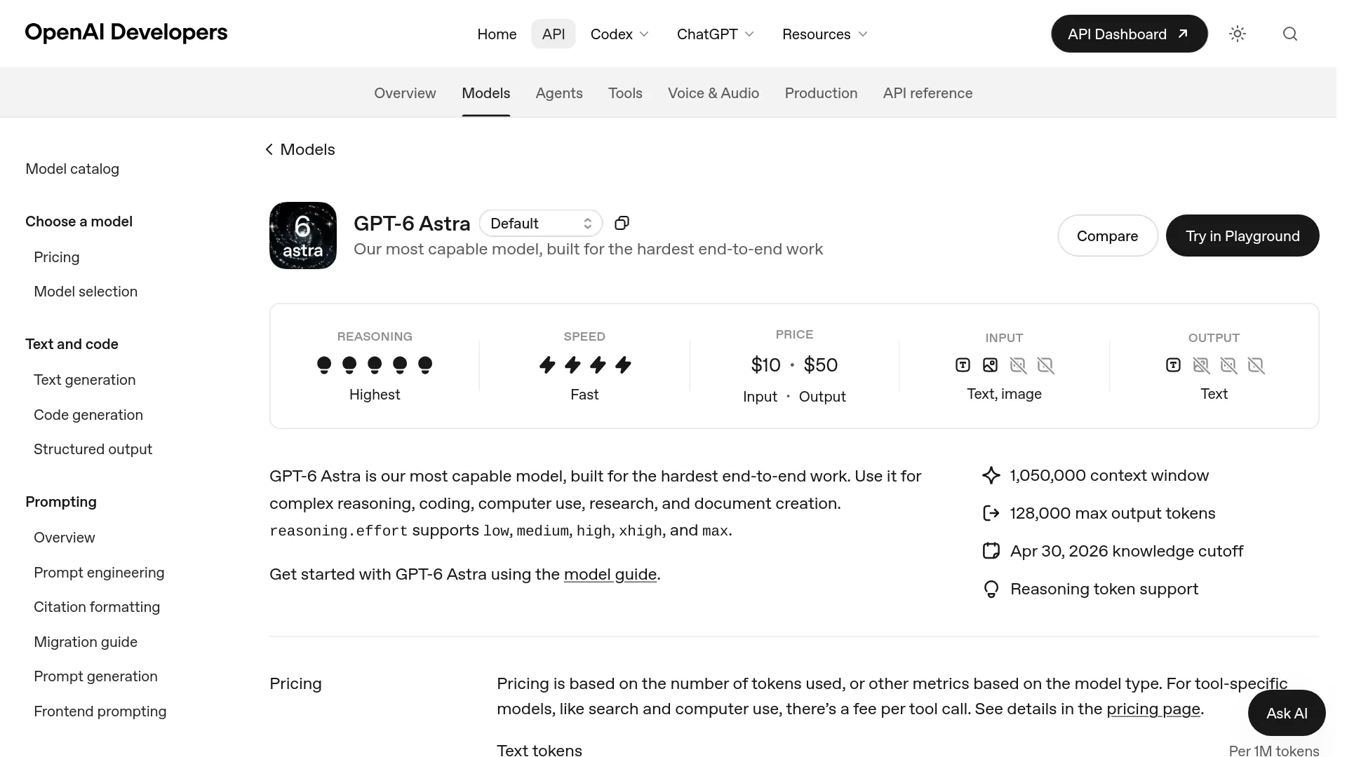 GPT-6 Astra API model page showing price, context window, and supported features