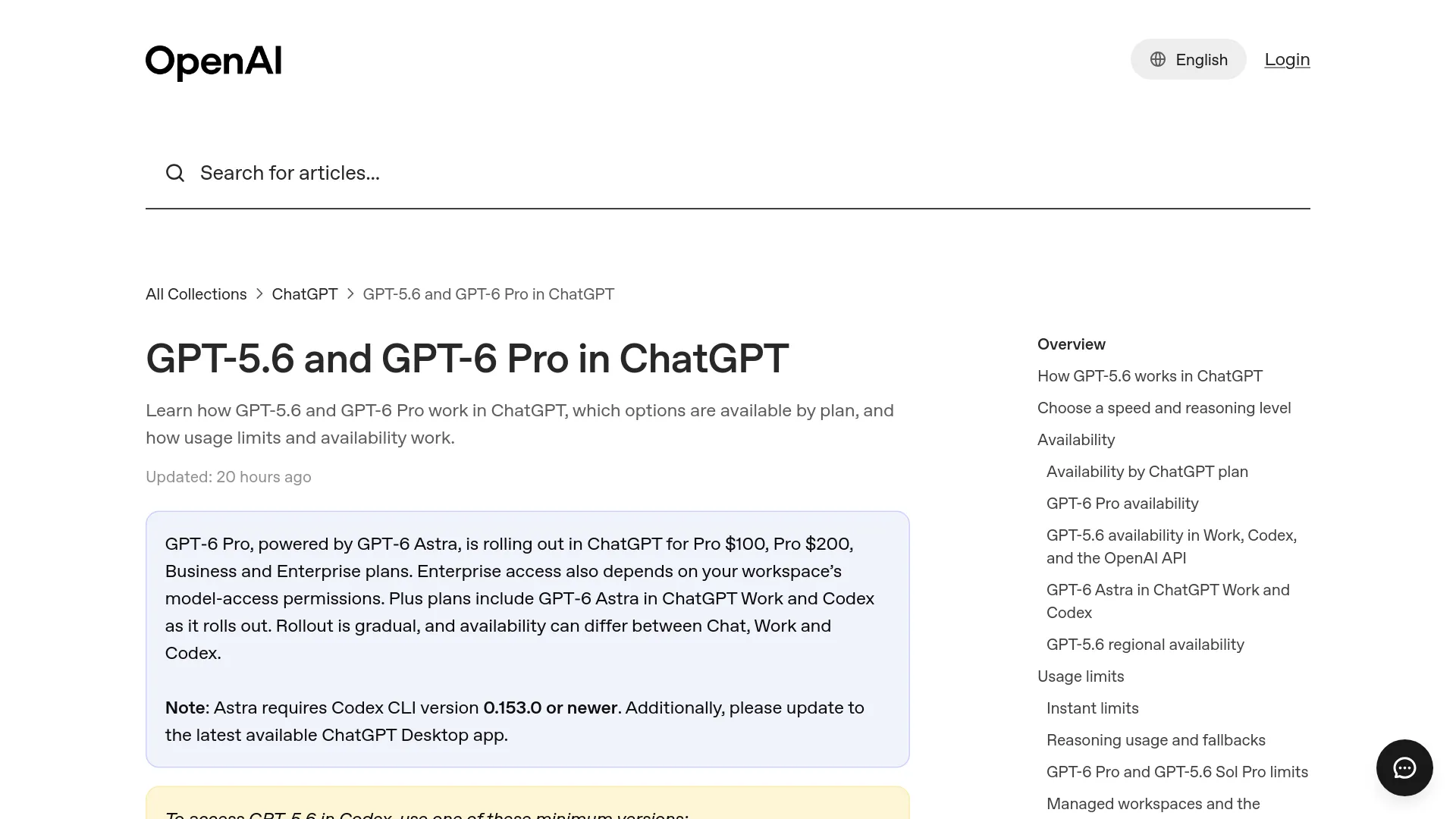 OpenAI-Help-Center-Seite mit der Verfügbarkeit von GPT-6 Pro und GPT-5.6 nach Tarif