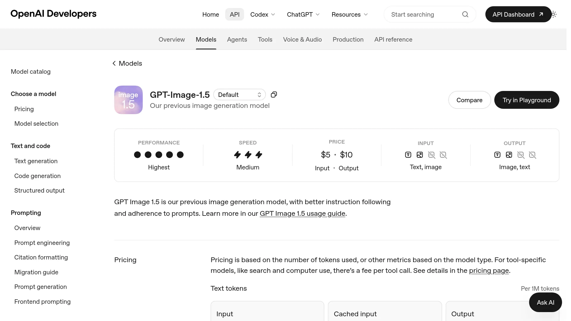 OpenAI-GPT-Image-1.5-Modellseite mit Token- und Bildpreisen
